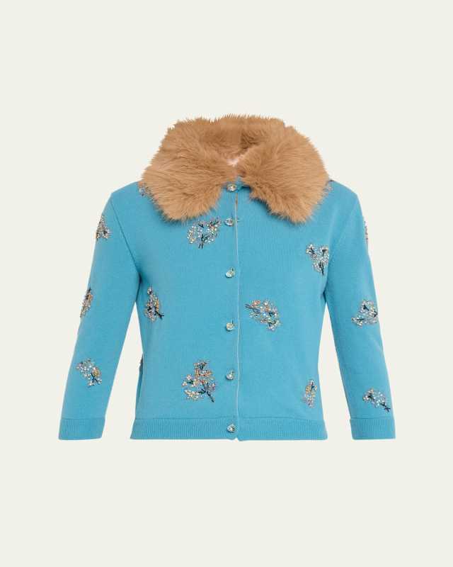 Floral Crystal Wool Faux Fur Trimmed Cardigan
